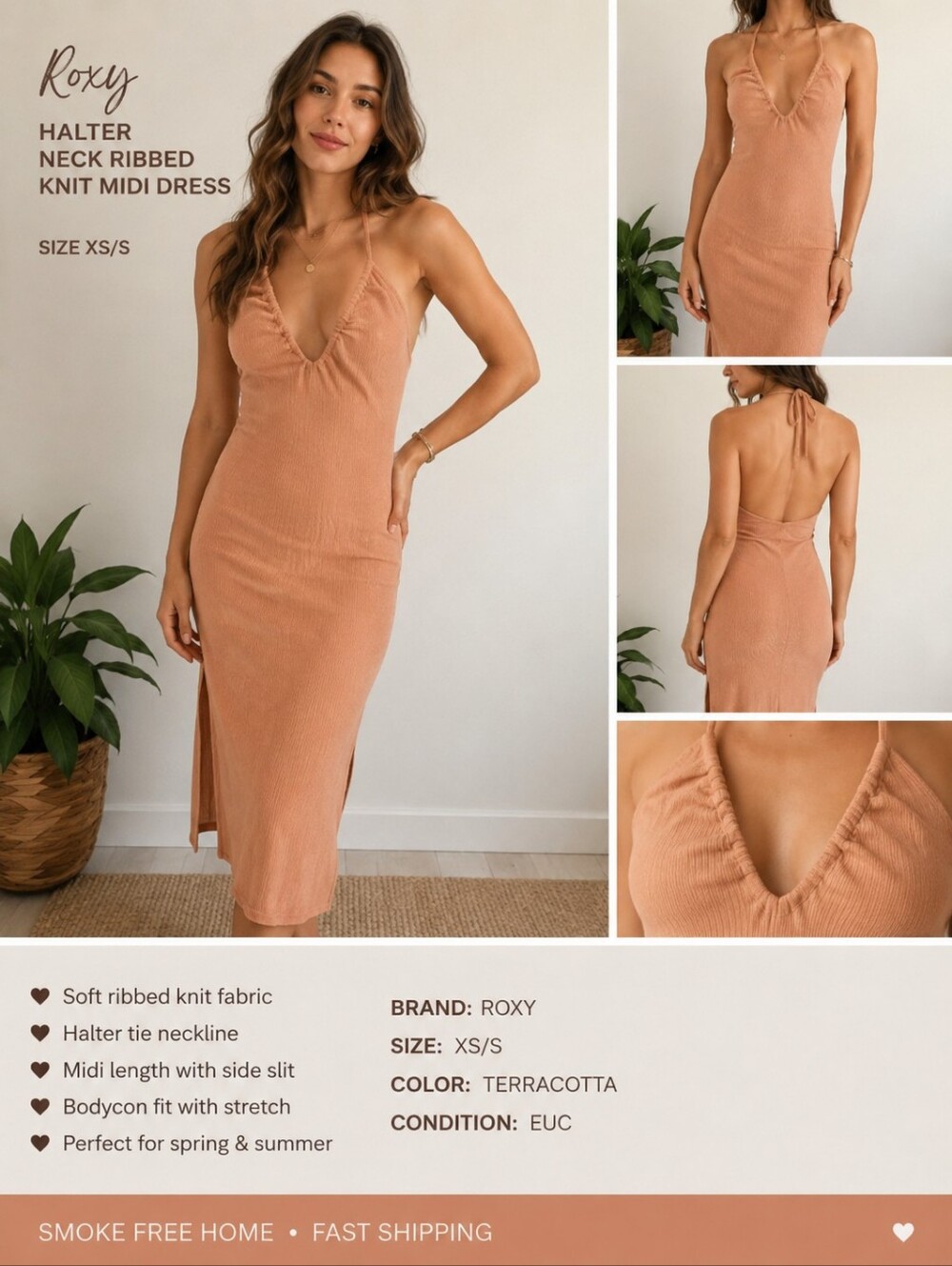 Roxy Halter Neck Ribbed Knit Midi Dress | Size XS/S